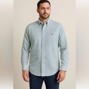 Ralph Lauren XL Button Down Shirt Green Blue Check Plaid Long Sleeve Classic Fit